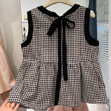 批发胖MM大码300斤格子<b class='q'>蝴蝶结</b>无袖<b class='q'>衬衫</b>女设计感洋气减龄宽松上衣