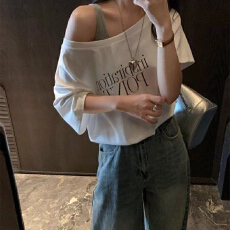 批发26支纯棉+冰丝螺纹】假两件吊带露肩短袖t恤微<b class='q'>胖</b>妹妹女短款上衣