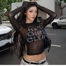 批发原版<b class='q'>网纱</b>布 美式复古显瘦字母印花<b class='q'>网纱</b>拼接修身圆领透视短款<b class='q'>上衣</b>