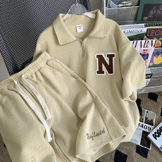 批发原版华夫格<b class='q'>运动</b>套装<b class='q'>女</b>宽松短袖韩版潮流<b class='q'>短裤</b>休闲两件套