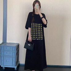 批发仿棉<b class='q'>牛奶</b><b class='q'>丝</b># 韩系慵懒风裙子夏季短袖中长款开叉T恤<b class='q'>连衣裙</b>