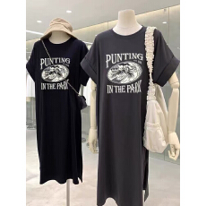 批发仿棉<b class='q'>牛奶</b><b class='q'>丝</b># ins风夏季印花直筒裙百搭短袖<b class='q'>连衣裙</b>飞飞袖