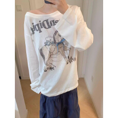 批发防晒罩衫女印花慵懒风<b class='q'>上衣</b>微透长袖斜肩防晒罩衫