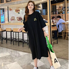 批发仿棉牛奶丝#韩系夏季新款开叉T恤连衣裙<b class='q'>女</b>宽松显瘦短袖过膝懒人裙