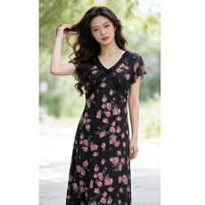 批发大码高级感玫瑰印花气质长<b class='q'>裙</b><b class='q'>微胖</b>MM优雅V领小飞袖显瘦收腰连衣<b class='q'>裙</b>