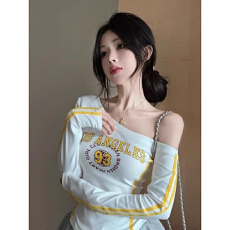 批发美式字母印花斜肩长袖t恤女秋季<b class='q'>新款</b>辣妹超好看修身显瘦短款上衣