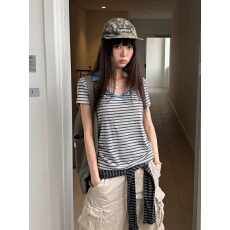 批发【天丝螺纹210克原版质量】复古<b class='q'>条纹</b>撞色短袖<b class='q'>t</b><b class='q'>恤</b>女夏修身上衣