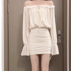 批发法式气质杏色一字肩长袖连衣<b class='q'>裙子</b>女初春2026新款收腰a字包臀短裙