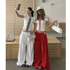 批发韩系穿搭撞色条纹短袖T恤女2026夏季新款高腰百搭阔腿<b class='q'>裤</b><b class='q'>两件套</b>潮