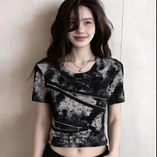 批发设计感小众独特晕染露脐拉链短袖t恤女小个子辣妹<b class='q'>修身</b>短款上衣