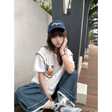 批发19支230克纯棉后领包肩口袋印花+<b class='q'>贝壳</b> 复古oversize小众短袖T