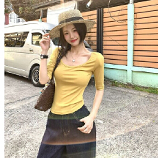 批发210克40支<b class='q'>纯棉</b>】 中袖修身五分露锁骨T恤女<b class='q'>打底衫</b>休闲上衣