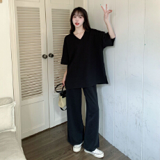 批发欧货时尚V领<b class='q'>运动服</b>套装女夏季胖mm300斤大码薄款<b class='q'>宽松</b>阔腿两件套