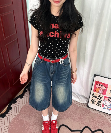 아메리칸 레트로 도트 무늬 긍정적 인 어깨 라운드 넥 프린트 반팔 티셔츠