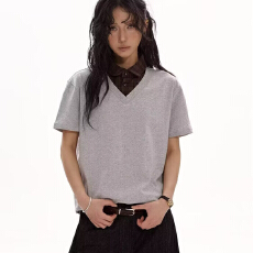 批发浅灰色假两件格子polo衫短袖t恤男款夏季潮牌美式复古拼接<b class='q'>衬衫</b>领