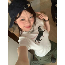批发网红款腊肠狗美式印花纯棉短袖T恤女正肩圆领修身显瘦辣妹上衣ins