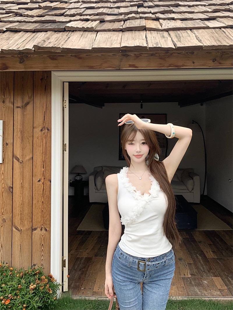 260 그램 사람들 면 화이트 3 차원 꽃 작은 대중 V넥 조끼 여성 여름 핫걸 몸매 가꾸기 슬림해 보이는 민소매 반코트