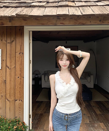 260 그램 사람들 면 화이트 3 차원 꽃 작은 대중 V넥 조끼 여성 여름 핫걸 몸매 가꾸기 슬림해 보이는 민소매 반코트