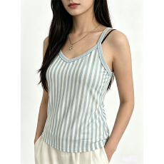批发甜辣妹撞色条纹v领短袖t恤<b class='q'>女</b>夏季新款修身显瘦设计感时尚百搭上衣