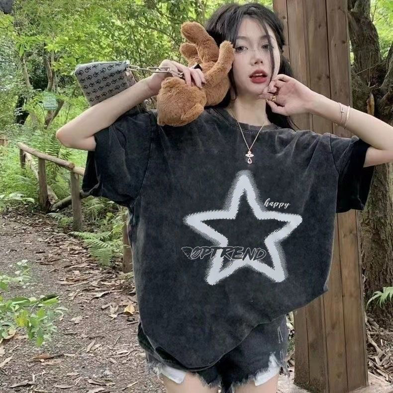 순면 워싱 마 오래된 슬림해 보이는 표지 고기 다용도 여름 새로운 핫걸 반팔 티셔츠
