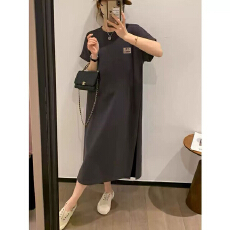 批发仿棉牛奶丝# 新款趣味<b class='q'>印花</b>休闲设计感中长款过膝<b class='q'>连衣裙</b>飞飞袖