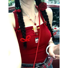 小众红色吊带背心女夏辣妹露背百搭上衣