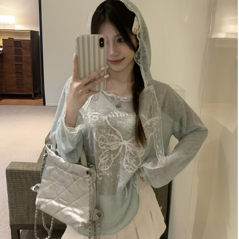 원본 원단 나비 프린트 반팔 t 소매 여성 여름 핫걸 캐주얼 후드 루즈핏 긴팔 자외선 차단 블라우스 맨위