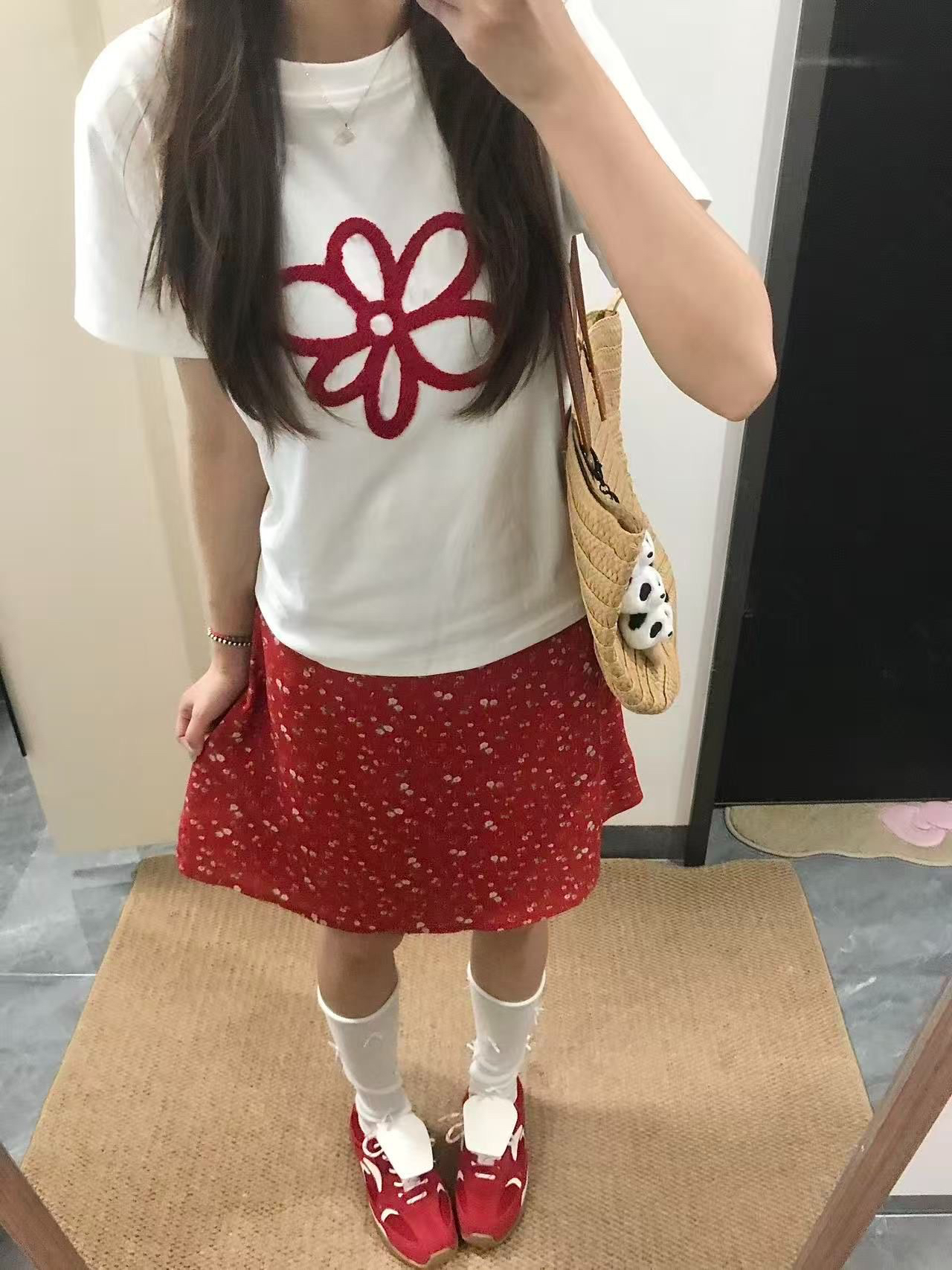 아메리칸 레트로 긍정적 인 어깨 라운드 넥 프린트 반팔 티셔츠