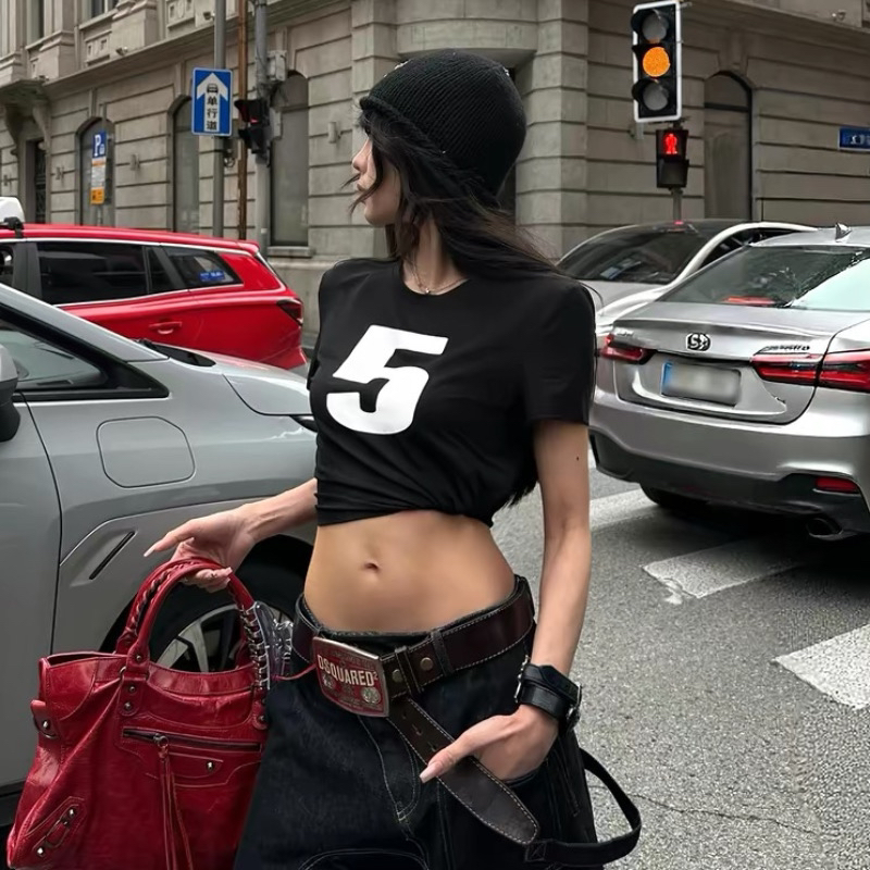 아메리칸 레트로 긍정적 인 어깨 라운드 넥 프린트 반팔 티셔츠