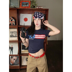 批发美式复古<b class='q'>街头</b>圆领纯棉正肩短袖设计感印花t恤女修身辣妹短袖上衣