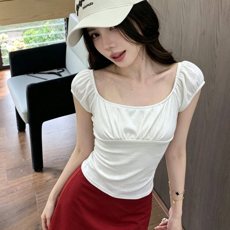 디자인 센스 주름 광장 칼라 수 있습니다. 오프숄더 반팔 티셔츠 여성 순수한 욕망 품격 몸매 가꾸기 슬림해 보이는 다용도 캐주얼 맨위
