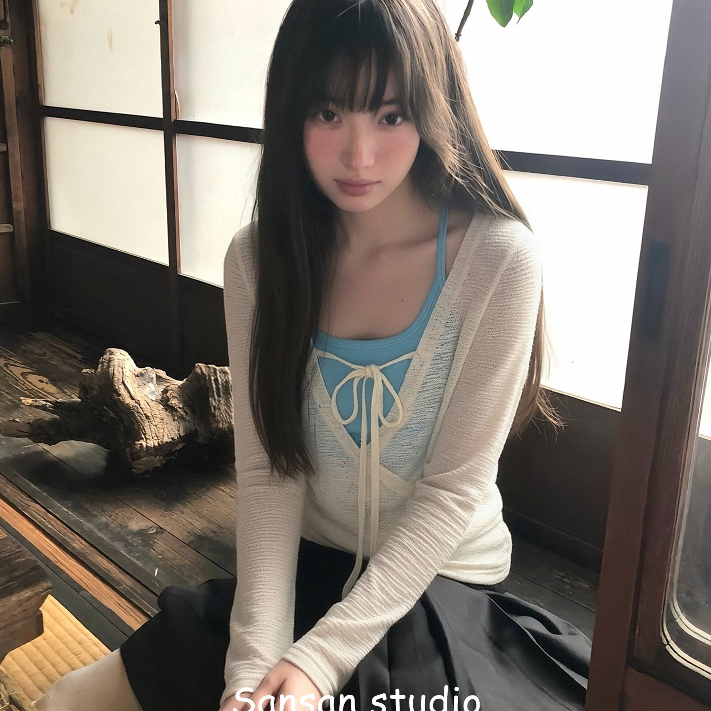 한 부서 스택 착용 배색 투피스 세트 긴팔 티셔츠 여성 봄 마이크로 ~을 통해 얇고 가벼운 V넥 블라우스 캐주얼 다용도 자외선 차단 맨위