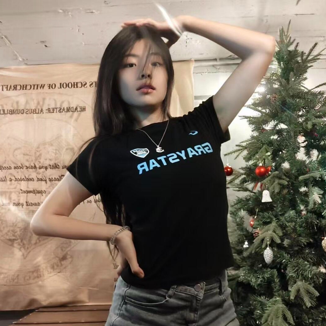 아메리칸 레트로 긍정적 인 어깨 라운드 넥 프린트 반팔 티셔츠