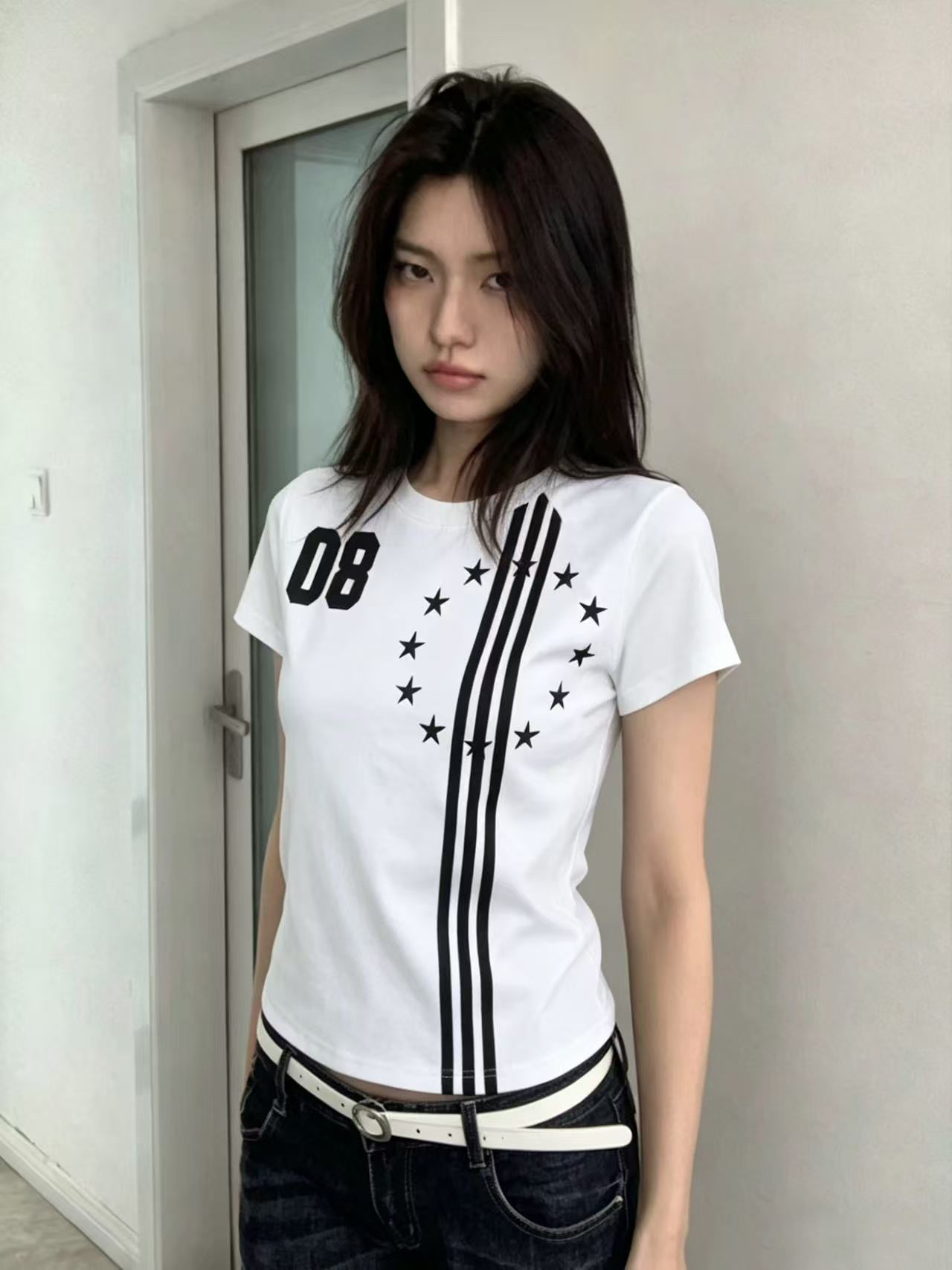 아메리칸 레트로 긍정적 인 어깨 라운드 넥 프린트 반팔 티셔츠