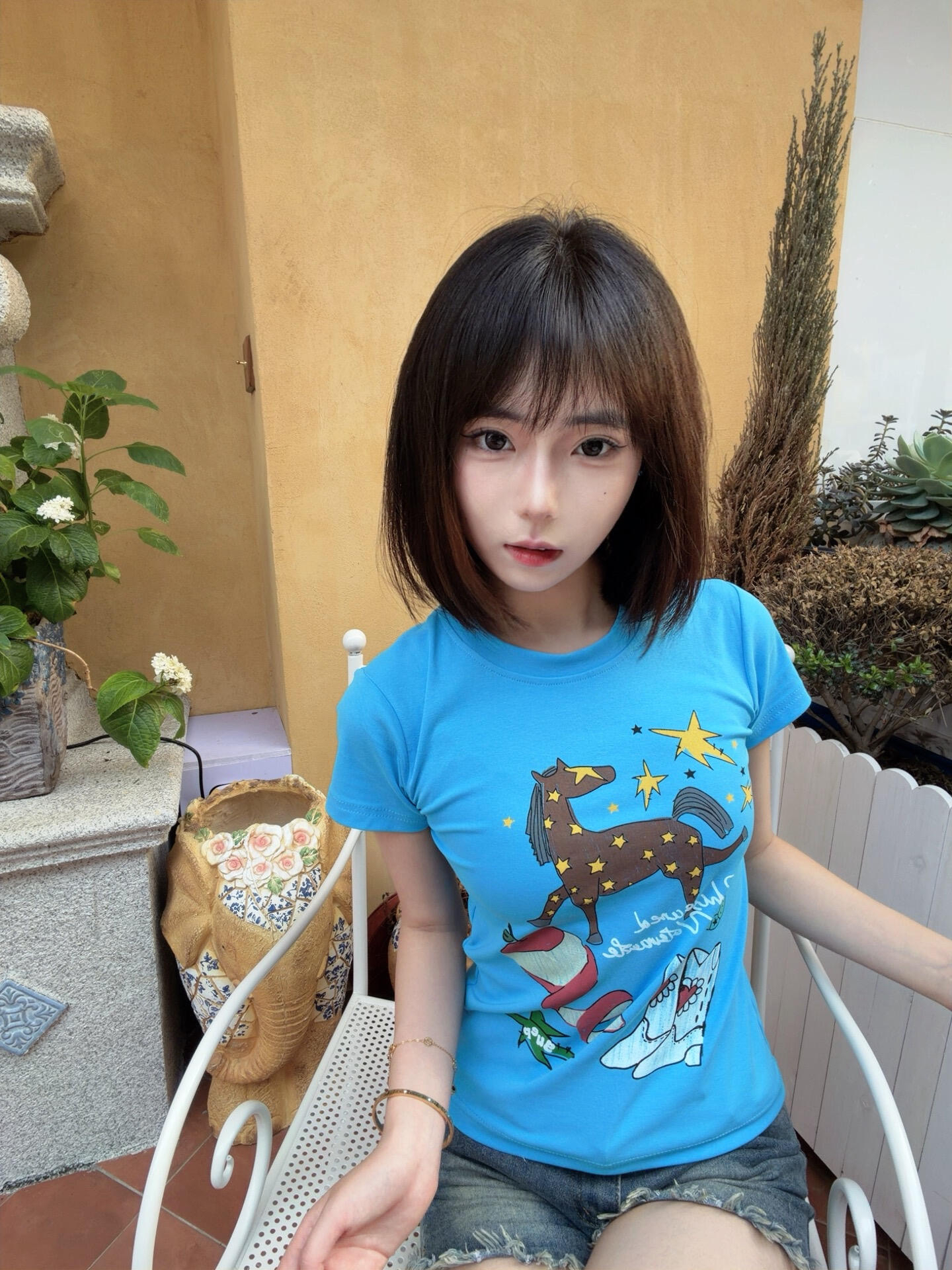 아메리칸 레트로 긍정적 인 어깨 라운드 넥 프린트 반팔 티셔츠