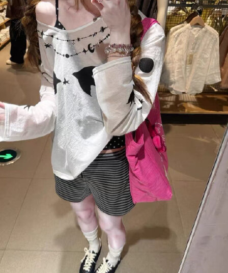 비스듬한 어깨 티셔츠 자외선 차단 기본 셔츠 블라우스