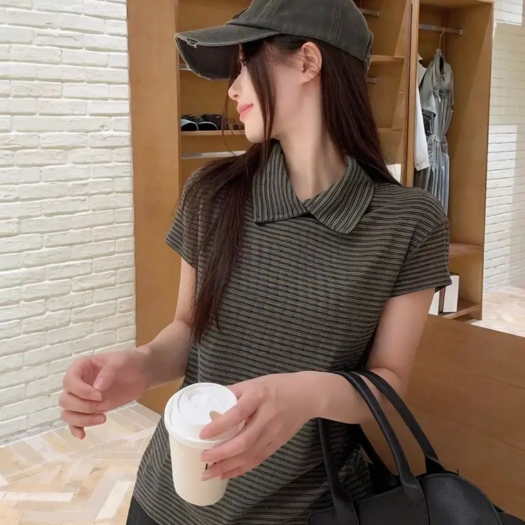 너무 많은 사랑 스트라이프 한 부서 만나는 티셔츠 캠퍼스 ins 반팔 몸매 가꾸기 슈퍼 화재 슬림해 보이는 폴로 칼라 여름 새로운 여성 셔츠