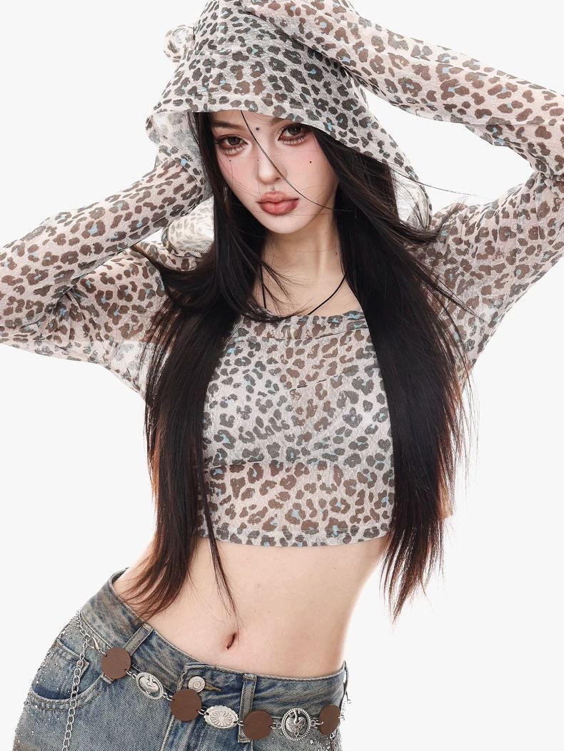 레트로 레오파드 무늬 후드 긴팔 티셔츠 여성 디자인 센스 새로운 아메리칸 핫걸 바람 이슬 뼈의 쇼트 스타일 자외선 차단 맨위 여성