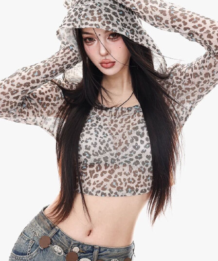 레트로 레오파드 무늬 후드 긴팔 티셔츠 여성 디자인 센스 새로운 아메리칸 핫걸 바람 이슬 뼈의 쇼트 스타일 자외선 차단 맨위 여성