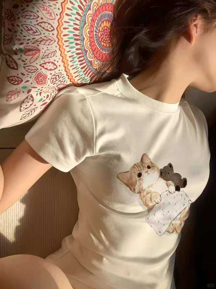 아메리칸 레트로 긍정적 인 어깨 라운드 넥 프린트 반팔 티셔츠