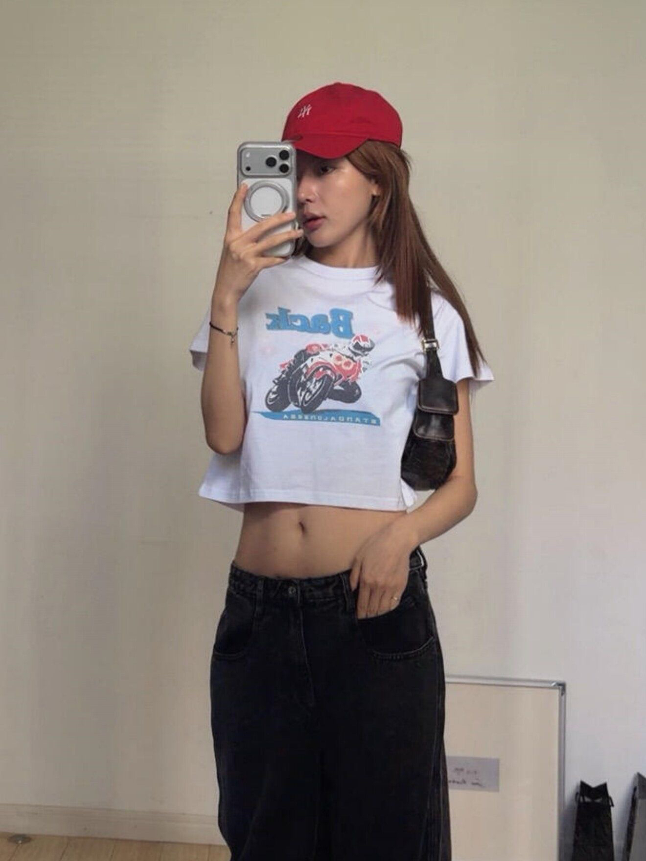 아메리칸 레트로 핫걸 쇼트 스타일 라운드 넥 프린트 반팔 티셔츠