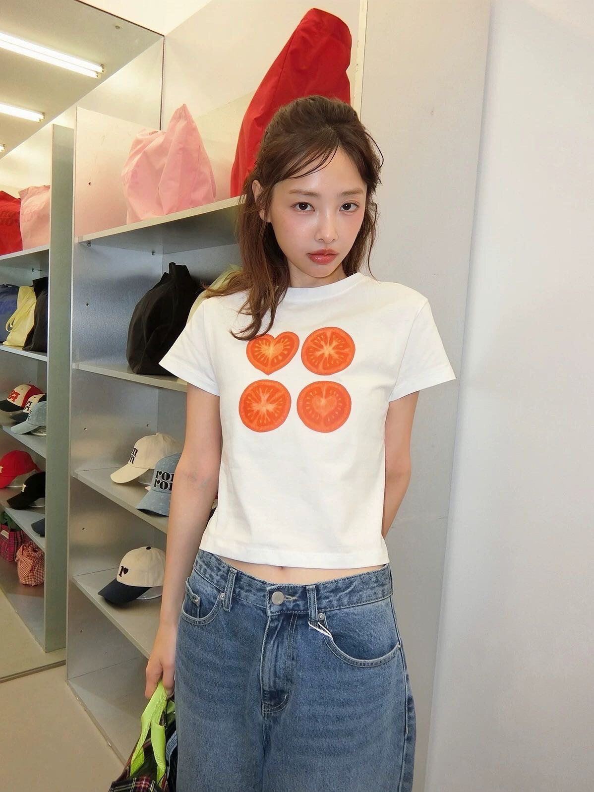 아메리칸 레트로 핫걸 쇼트 스타일 라운드 넥 프린트 반팔 티셔츠