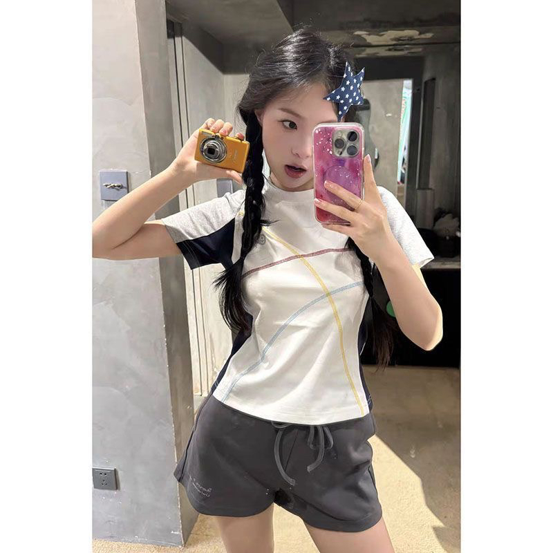 220 그램 92 면 8 암모니아 Lun 패치워크 색상 생방송 품질 라운드 넥 맨위 반팔 여성 의류