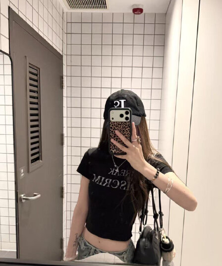 아메리칸 레트로 라운드 넥 핫걸 쇼트 스타일 프린트 반팔 티셔츠