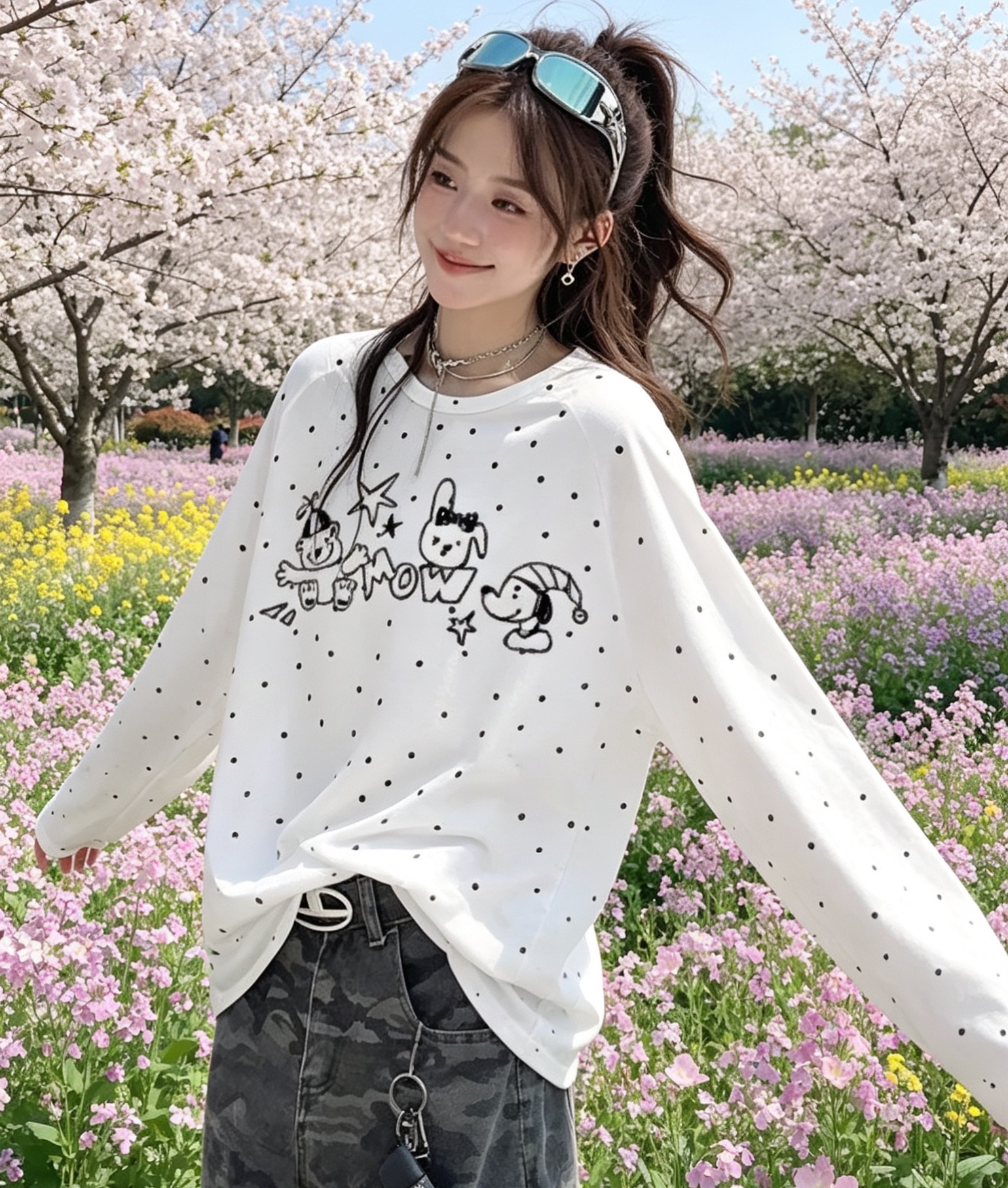 눈꽃 면 160 그램 자외선 차단 의류 도트 무늬 긴팔 블라우스 티셔츠 블라우스 맨위 길다