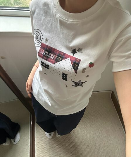 아메리칸 레트로 긍정적 인 어깨 라운드 넥 프린트 반팔 티셔츠
