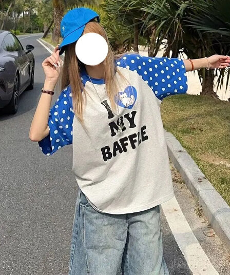 순면 소매 더블 프린트 배색 패치워크 루즈핏 반팔 티셔츠 여성