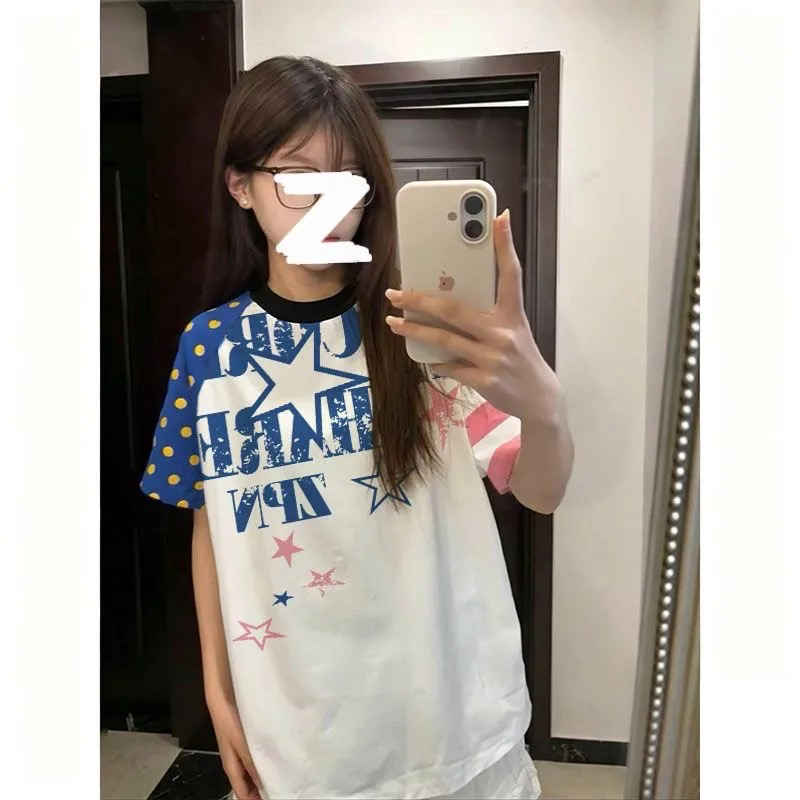 220g 순면 소매 더블 프린트 배색 패치워크 루즈핏 반팔 티셔츠 여성