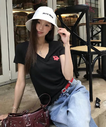 아메리칸 레트로 긍정적 인 어깨 V넥 프린트 반팔 티셔츠