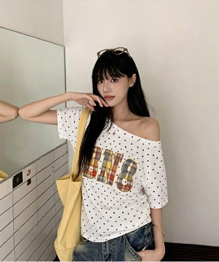 여름 새로운 한 부서 도트 무늬 비스듬한 칼라 오프숄더 프린트 섹션 반팔 티셔츠